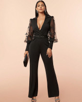 Sexy deep V spliced mesh body-fitting jumpsuit