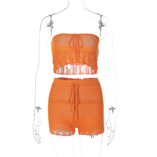 Knitted bandeau vest shorts two-piece solid color slim fit set
