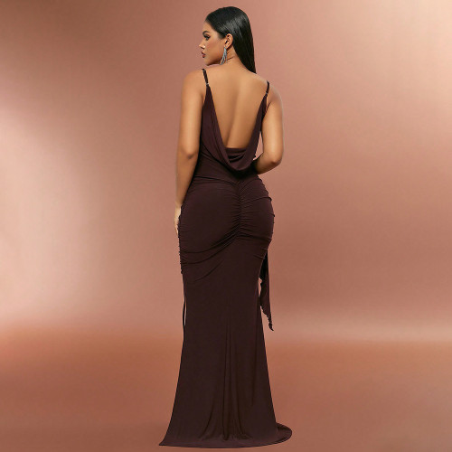 Stylish fringed gathered backless slimming suspender long evening dress