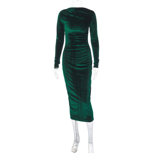Winter Fashion Solid Color Slim Fit Pleated Round Neck Long Sleeve Velvet Dress