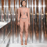 Winter Fashion Diamond Slim Back Zipper Round Neck Long Sleeve Jumpsuit