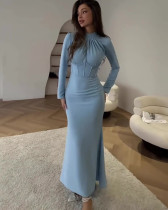 Stylish long-sleeved ruffled slit irregular long dress