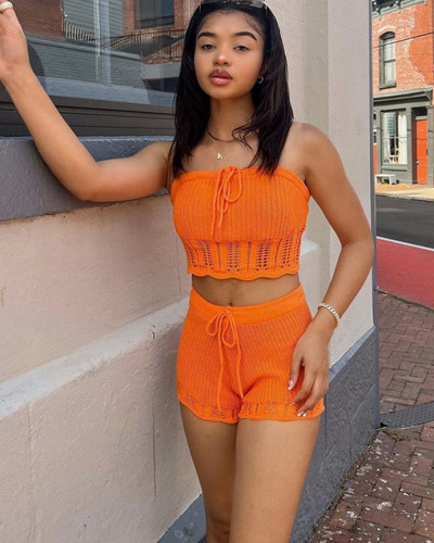 Knitted bandeau vest shorts two-piece solid color slim fit set