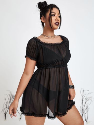Plus size sexy lingerie transparent mesh nightgown set 