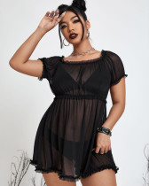 Plus size sexy lingerie transparent mesh nightgown set 