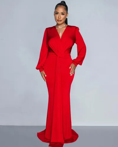 Fashion women's solid color sexy deep V pleated long evening dress