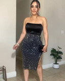 Sexy rhinestone skirt and elastic top two-piece set
