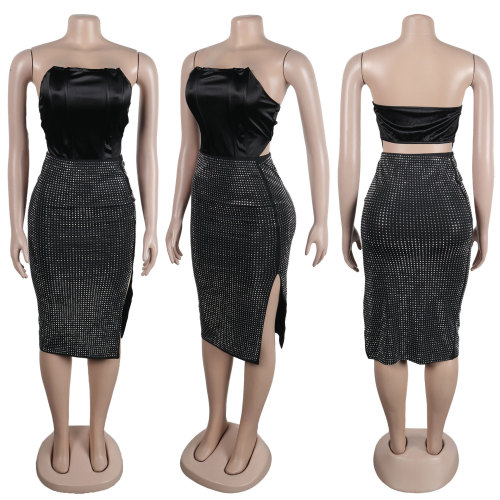 Sexy rhinestone skirt and elastic top two-piece set