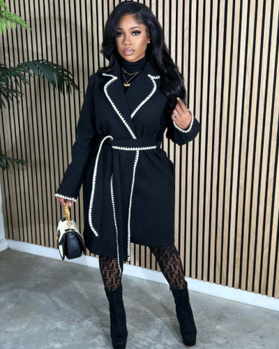 Woolen long-sleeved woven lapel long coat loose windbreaker jacket