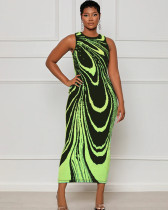Fashionable sleeveless abstract print long bodycon dress