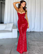 Fashionable shiny dress slim waist sexy red long evening dress