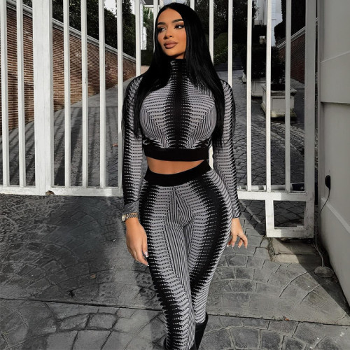 Winter new fashion printed crop long-sleeved tops slim-fitting pants set wholesale