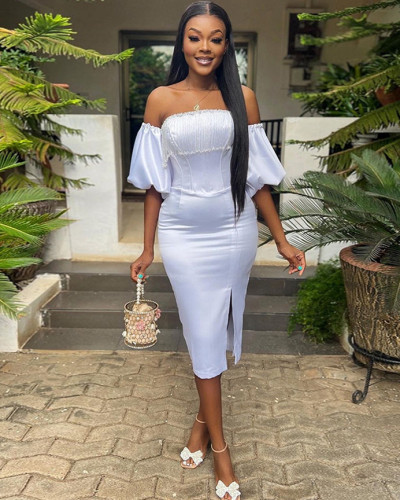 White off-shoulder puff-sleeve slim fit slit dress
