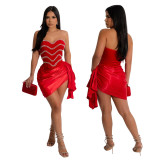 Strapless irregular solid color diamond short dress