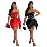 Strapless irregular solid color diamond short dress
