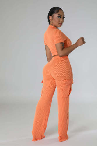 Solid color short-sleeved wide-leg pants two-piece suit