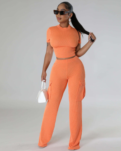 Solid color short-sleeved wide-leg pants two-piece suit