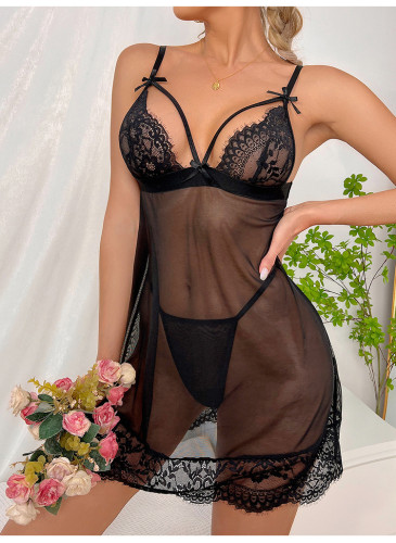 Sexy lingerie deep V-neck hollow sexy see-through pajamas