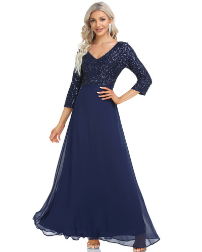Chiffon bridesmaid dress double V-neck long dress three-quarter sleeves A-line sequined evening dress