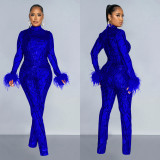 Fashion women's solid color mesh feather long-sleeved sequined jumpsuit