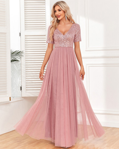 Women's elegant short-sleeved V-neck A-line tulle evening gown sequin  bridemaid wedding dress