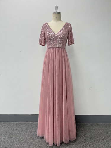 Women's elegant short-sleeved V-neck A-line tulle evening gown sequin  bridemaid wedding dress