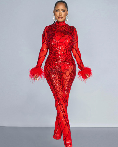 Fashion women's solid color mesh feather long-sleeved sequined jumpsuit