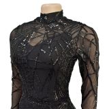 Fashion women's solid color mesh feather long-sleeved sequined jumpsuit