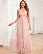 Women's Elegant Double V Neck Sleeveless Tulle Fully Lined Evening Gown A-Line Fluffy Tulle Wedding Bridesmaid Party Dress