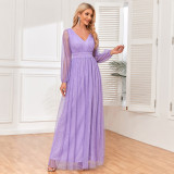 Women's Elegant Double V Neck Sheer Long Sleeve Tulle Shiny Bright Evening Gown A-Line Fully Lined Wedding Party Dress