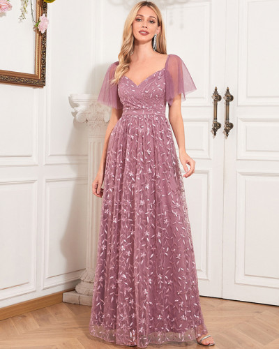 Elegant see-through short-sleeved V-neck U-back evening dress with A-line hem embroidered mesh fully lined dress