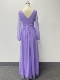 Women's Elegant Double V Neck Sheer Long Sleeve Tulle Shiny Bright Evening Gown A-Line Fully Lined Wedding Party Dress