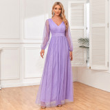 Women's Elegant Double V Neck Sheer Long Sleeve Tulle Shiny Bright Evening Gown A-Line Fully Lined Wedding Party Dress