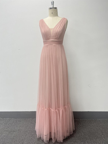 Women's Elegant Double V Neck Sleeveless Tulle Fully Lined Evening Gown A-Line Fluffy Tulle Wedding Bridesmaid Party Dress