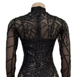 Fashion women's solid color mesh feather long-sleeved sequined jumpsuit