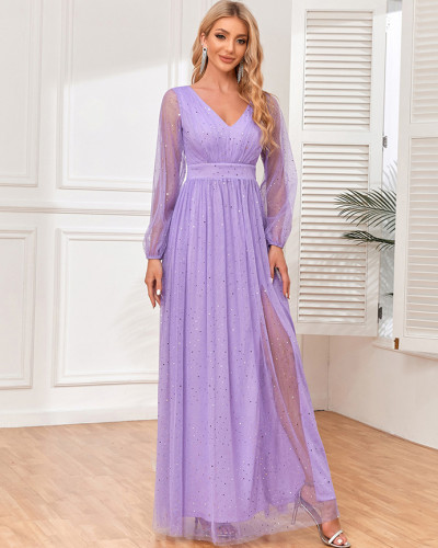 Women's Elegant Double V Neck Sheer Long Sleeve Tulle Shiny Bright Evening Gown A-Line Fully Lined Wedding Party Dress