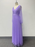 Women's Elegant Double V Neck Sheer Long Sleeve Tulle Shiny Bright Evening Gown A-Line Fully Lined Wedding Party Dress