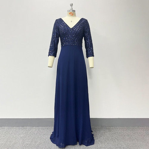 Chiffon bridesmaid dress double V-neck long dress three-quarter sleeves A-line sequined evening dress