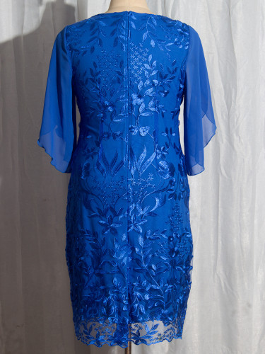 Women's Round Neck Embroidered Casual Short Sleeve Pencil Plus Size Dress