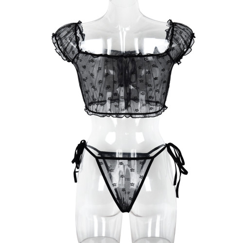 Sexy lingerie two-piece set, see-through bow-tie neckline sexy set