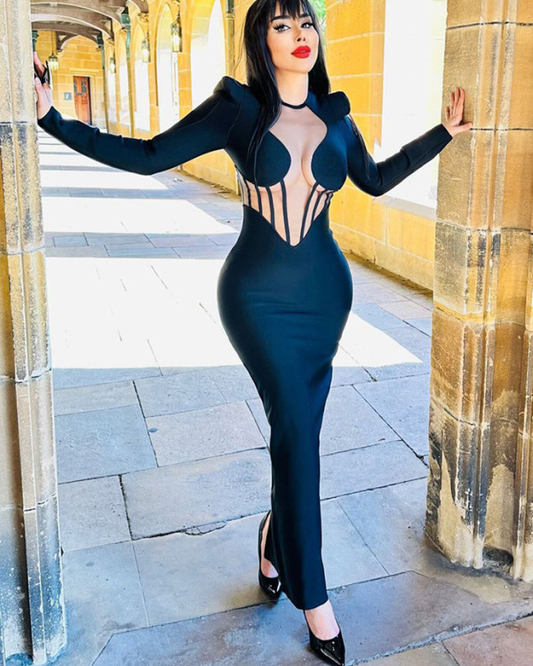 Long-sleeved bandage dress, sexy see-through mesh party dress