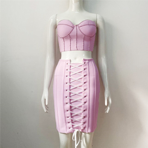 Sexy suit, tube top, diamond-encrusted top, drawstring tight skirt, bandage dress, 2-piece set