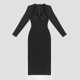 Sexy V-neck long-sleeved diamond-encrusted elastic bandage dress for party banquet long dress