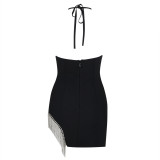Sexy dress halter neck backless bandage tassels side irregular party dress
