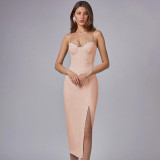 Sexy diamond-encrusted suspender bandage dress with slits party dress