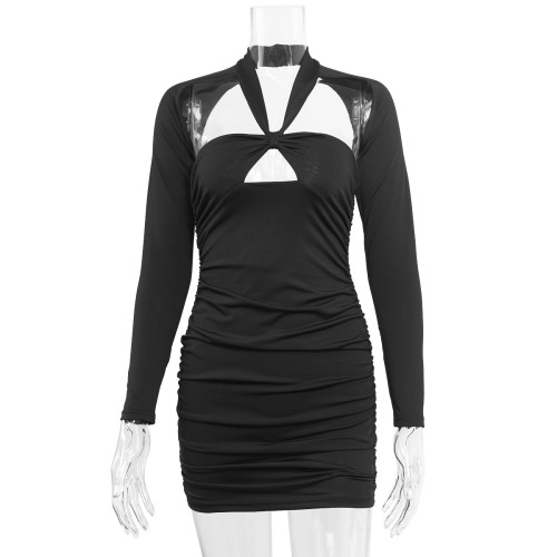 Autumn and winter sexy long-sleeved V-neck hollow women's dress
