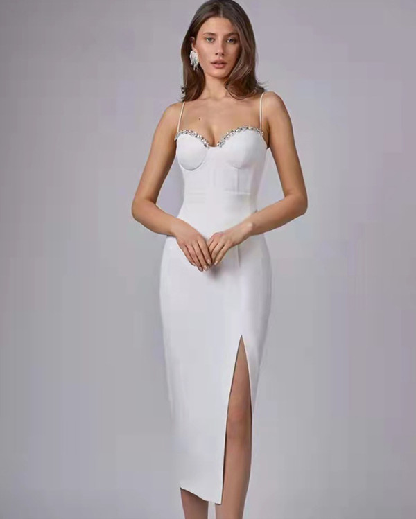 Sexy diamond-encrusted suspender bandage dress with slits party dress