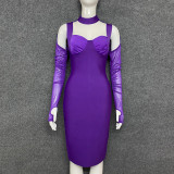 Bandage dress mesh sleeves hollow out elegant evening dress