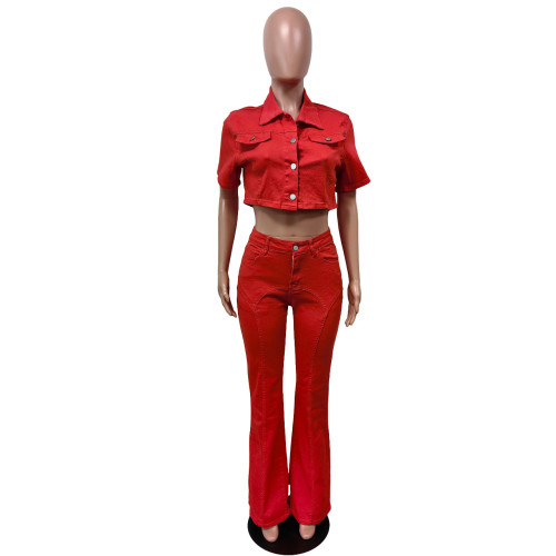 Short sleeve denim set flared stretch pants set