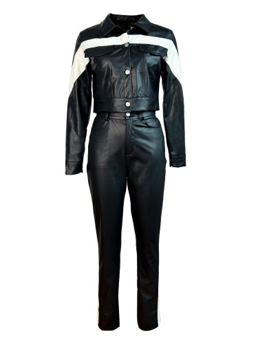 Contrast buttoned lapel two-piece pants set